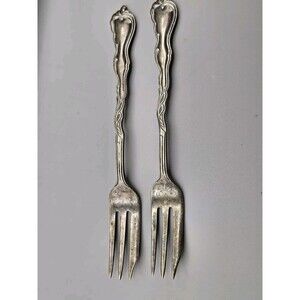 2 Pastry Cake Forks 3 Tines Nils Johan Sweden Silver Plate Scrolls Fancy HTF